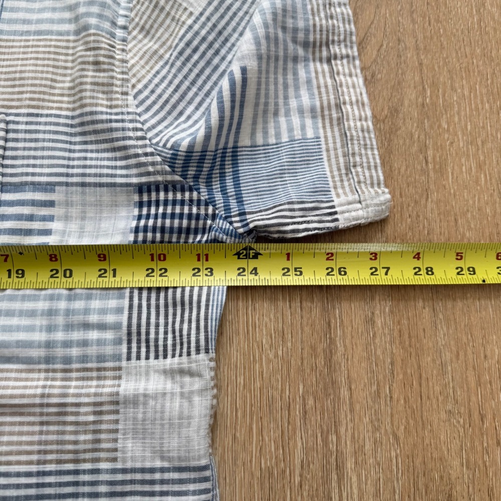 Barbour Oakshore Summer Shirt Mens L Sky Blue Tan Patchwork Plaid 100% Cotton - Picture 8 of 10